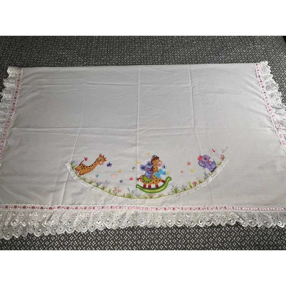 Hand Painted Baby Blanket Grey Eyelet Lace Trim Giraffe Elephant Nursery Decor
